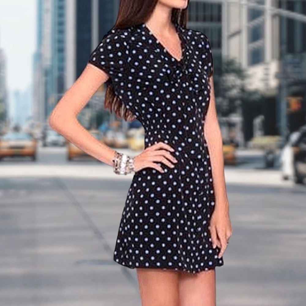 Short Sleeve Polkdot Mini Dress W/ Smocked Waist & Neck-Tie